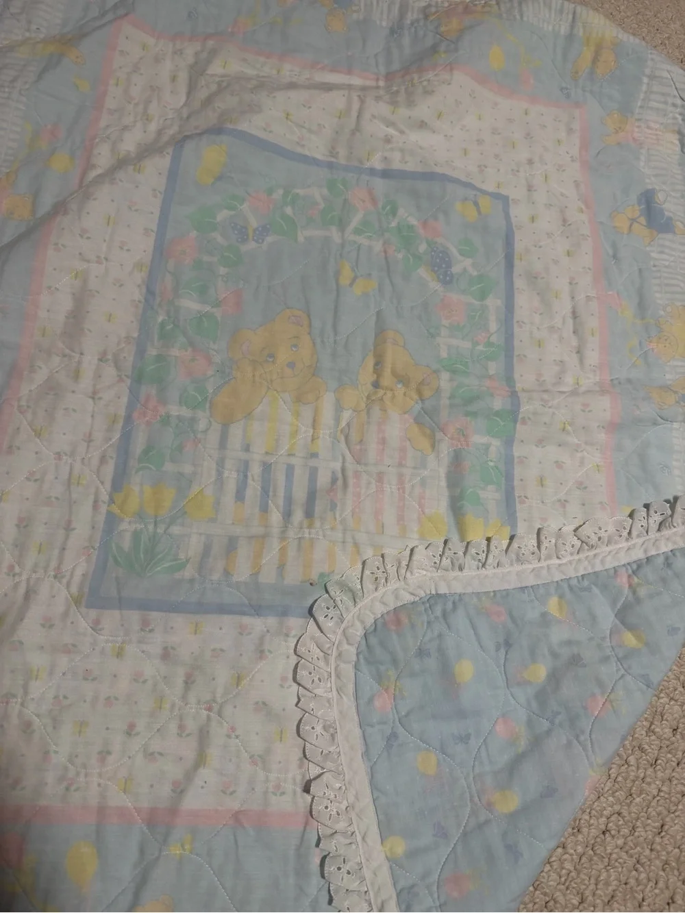Vintage Pastel Blue Baby Quilt with Teddy Bear Motif